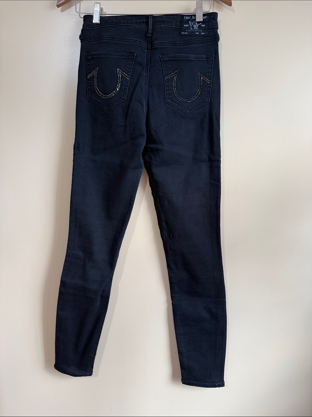 True Religion Women's Black Skinny Jeans with Studded Horseshoe Pockets